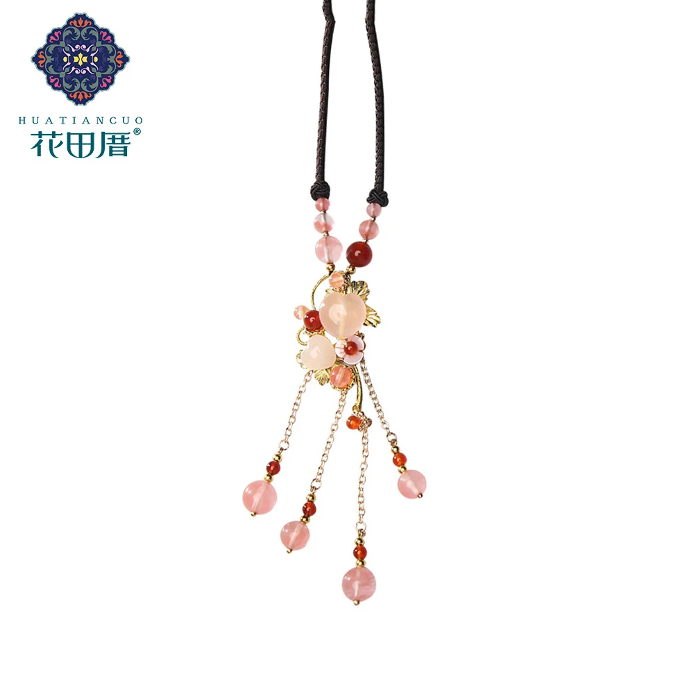 

Cute/Romantic Handmade Pendant Necklace Pink Heart Quartz Crystal Bead Red Stone Beads Rope Chain Female Accessories CL-190510