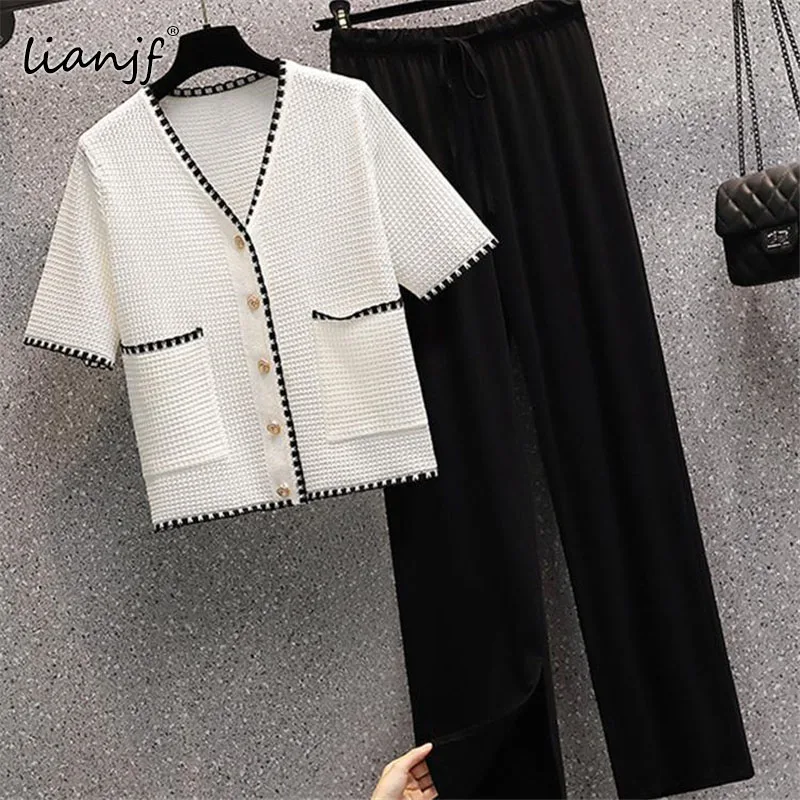 

Summer Wide-leg Pants Suit Women Elegant Short Sleeve Button Up Shirt Slimming Knitted Sweater Top Wide-leg Pants Two-piece Suit