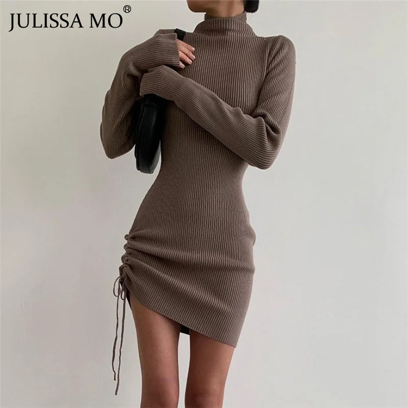 

JULISSA MO Fashion Knitted Long Sleeve Bodycon Mini Dresses 2021 Autumn Women High Neck Drawstring Dress Ladies Sexy Vestidos