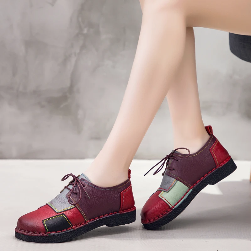 Handmade Women's Shoes Genuine Leather Lace-Up Loafers Patches Stitching Soft Comfortable Casual Women Flats | Обувь