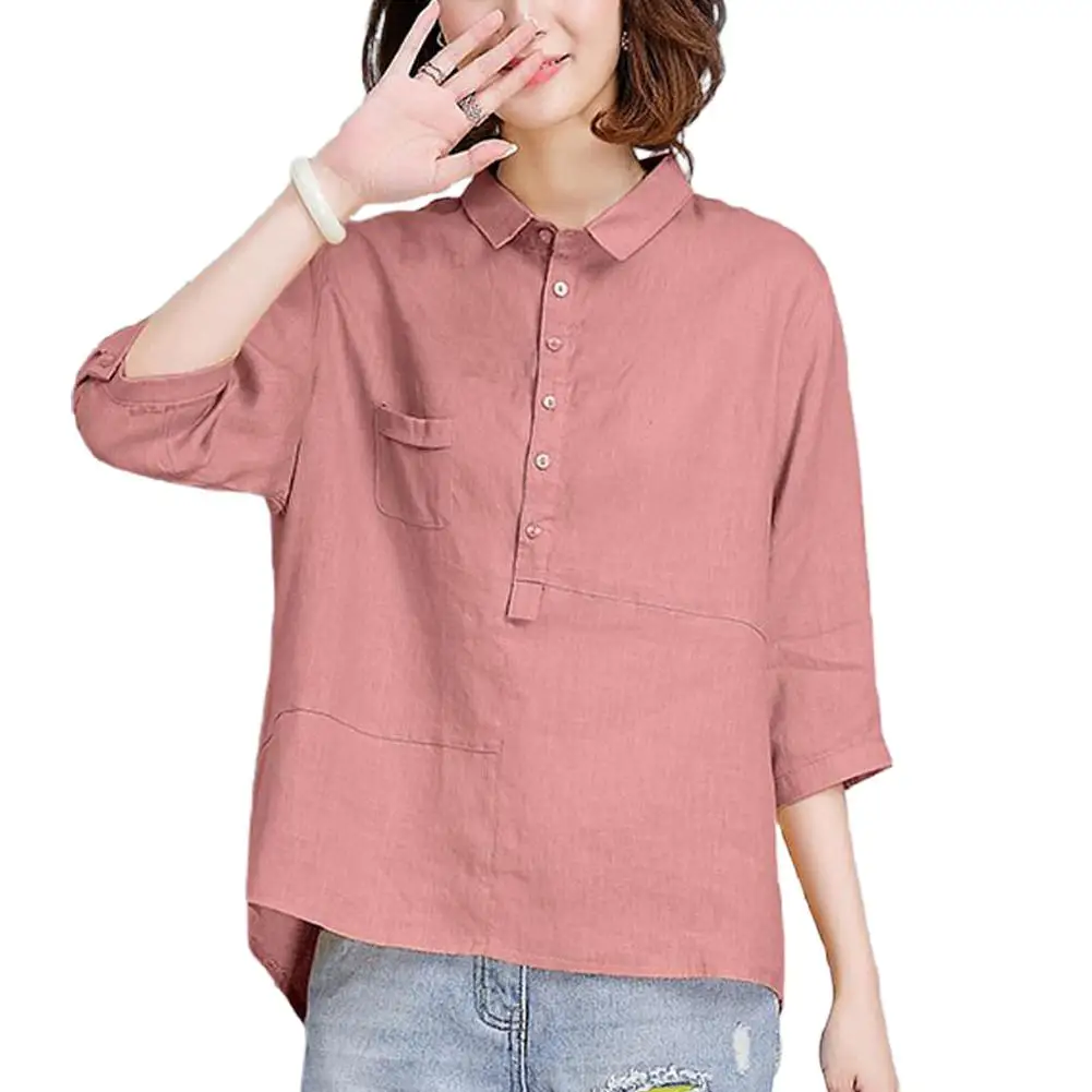 

MISSKY женская рубашка из однотонного Цвет из хлопка и льна футболка на лето и весну рукав «три четверти», с отложным воротником блузки женские...