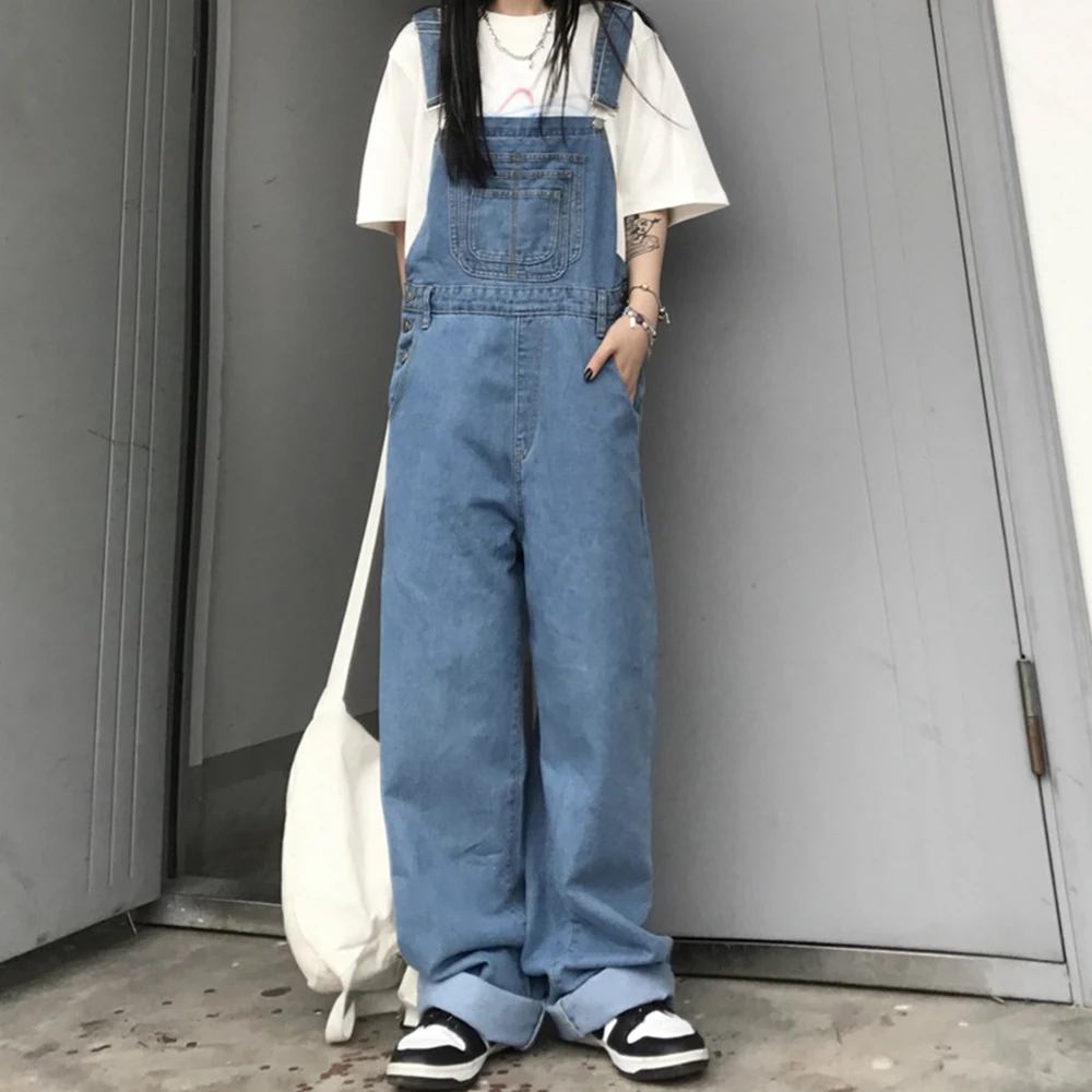 

Dark Icon Multiple Pockets Loose Overall Jeans Women Vintage Blue Girl Pants Students Trousers