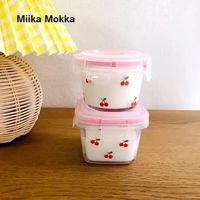 cute cherry printed salad bowls with lids transparent glass bowl sealed food container fruit container dessert snack bowl