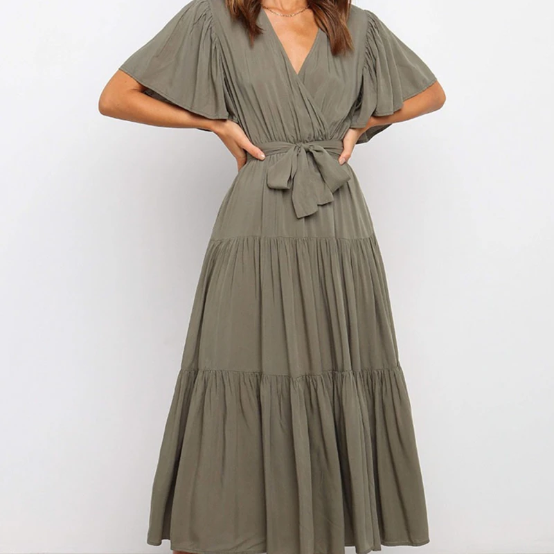 

2021 Dress Women Spring V Neck Cross Belt Tunic Solid Color Fashion Casual Ankle Length Dresses