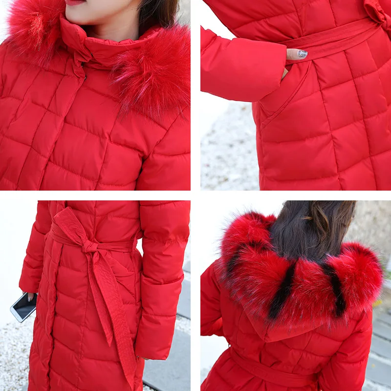 

X-long Female Cold Coat With Sashes Hooded Solid Women's Winter Jacket Thick Fur Collar Slim Casual Plus Size Thick Coat Ladies