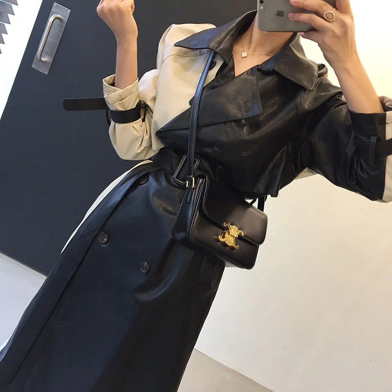 2020 весенняя зимняя кожаная куртка для женщин пэтчворк на талии длинное пальто из