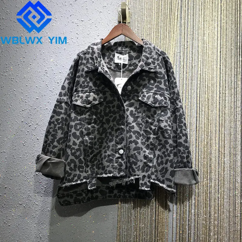 

Jeans Jacket Women Fashion Leopard Print Lapel Denim Jackets Spring Autumn Casual Loose Asymmetry Jeans Coat Female Streetwear