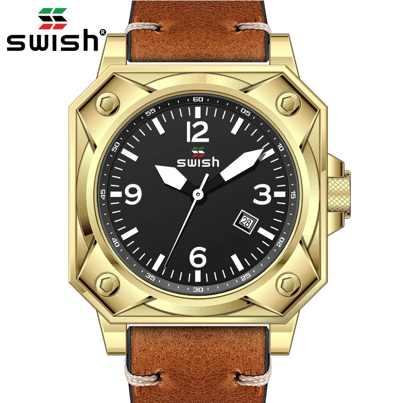 Кварцевые наручные часы SWISH с кожаным ремешком повседневные мужские светящиеся
