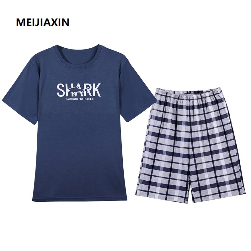 

Summer Knitted Cotton Men Pajamas Set Cartoon Sleepwear Short Sleeve Round Neck Mens Sleepwear Loose Male Homewear
