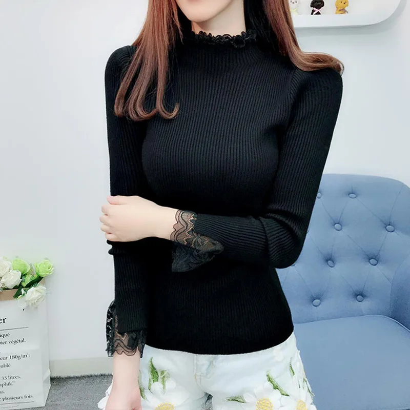 

2021 Basic Tureleneck Solid Spring Autumn Sweater Pullover Women Female Knitted Sweater Slim Long Sleeve Lace Sweater cheap Tops