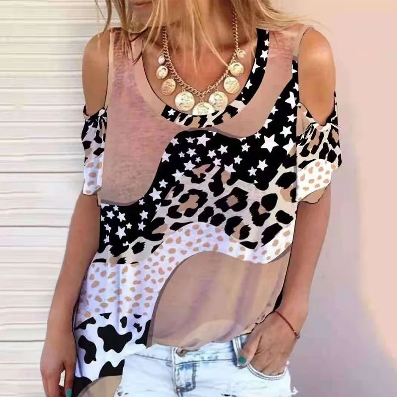 

Vintage Patchwork Leopard Shirt Blouse Women Casual O Neck Loose Tops Blusa Sexy Off Shoulder Short Sleeve Summer Shirt Pullover