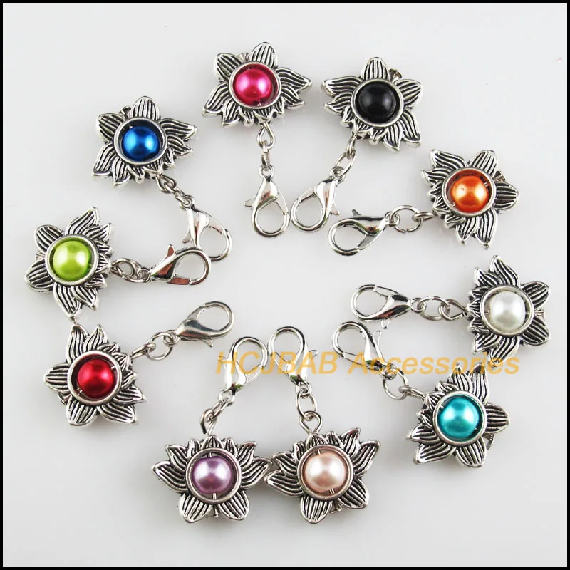 

10 New Lotus 17x19mm Charms Mixed Ball Glass Tibetan Silver Plated Retro With Lobster Claw Clasps