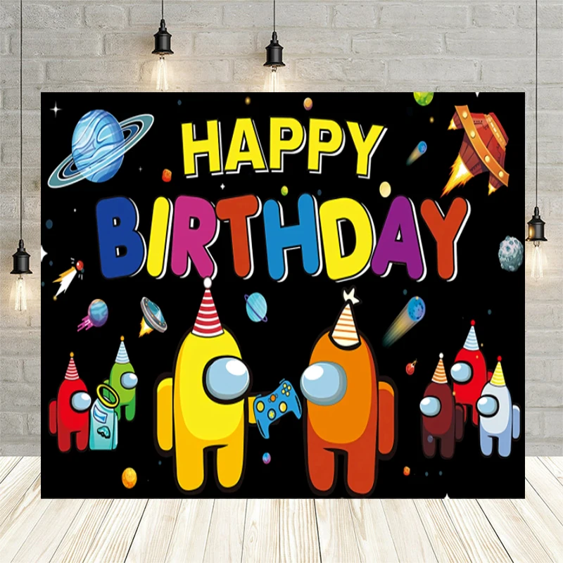 

Happy Birthday Among Kids Party Backdrop Custom Banner Gifts Cake Table Decor Poster Colorful Rockets Photo Backgrounds