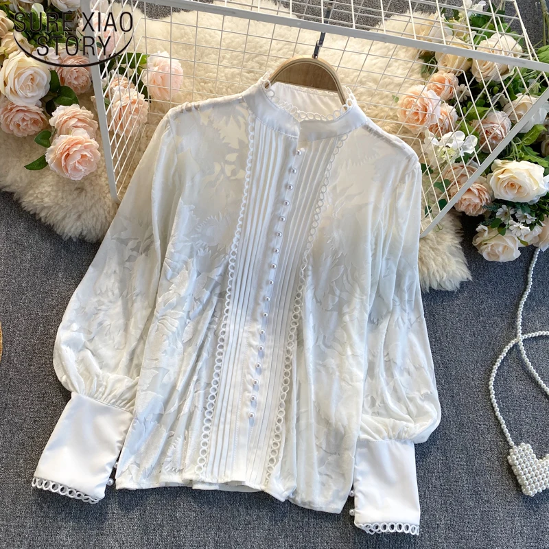 

Casual Lantern Long Sleeve Stand Collar Shirts Vintage Lace Light Perspective Blouse Female Elegant Black/White Loose Tops 18093