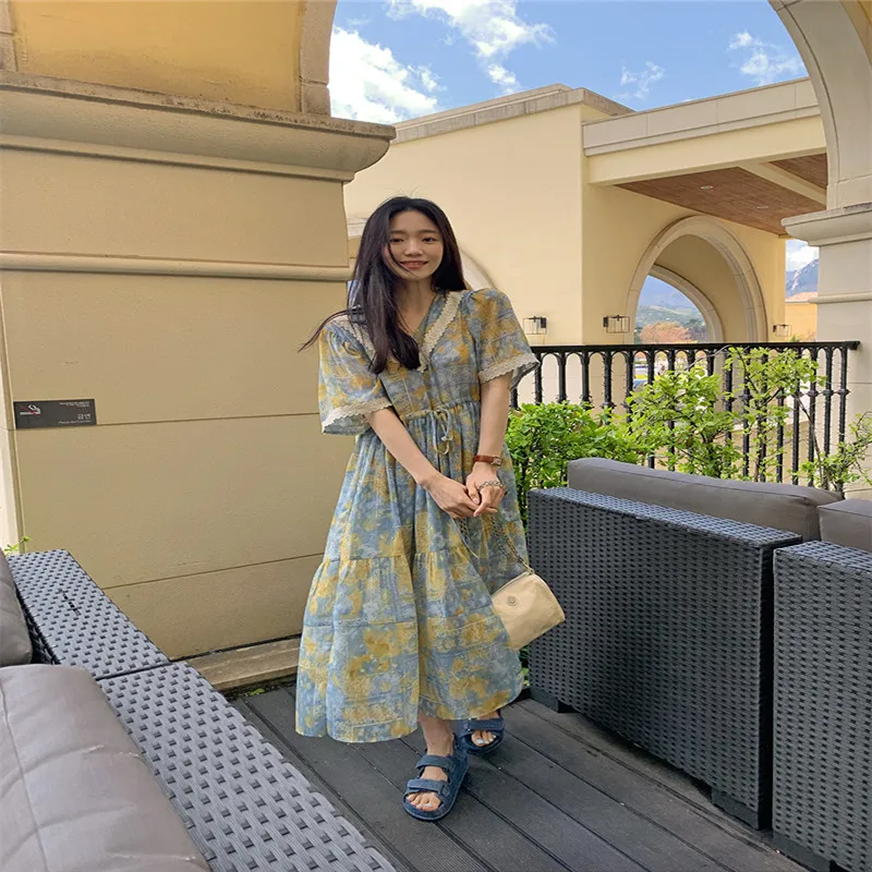 

Lace summer women dresses Korean style retro V-neck lace stitching drawstring dress 2021