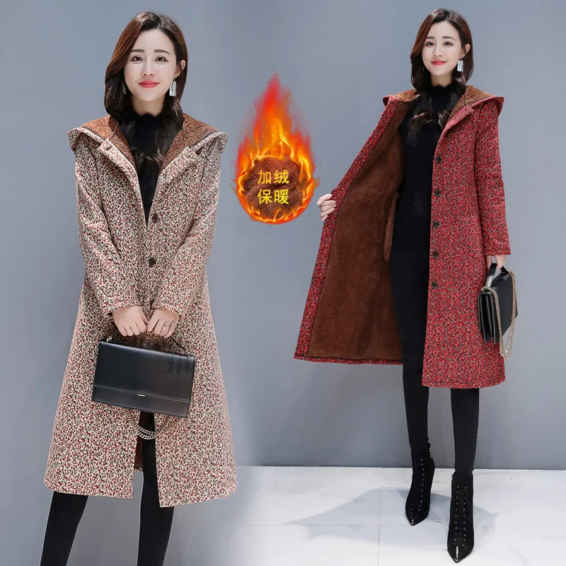 

Mujer Cotton Linen Windbreaker Winter National Style Women's Overcoat Floral Thickened Retro Invierno Hooded Trench Coat Z342