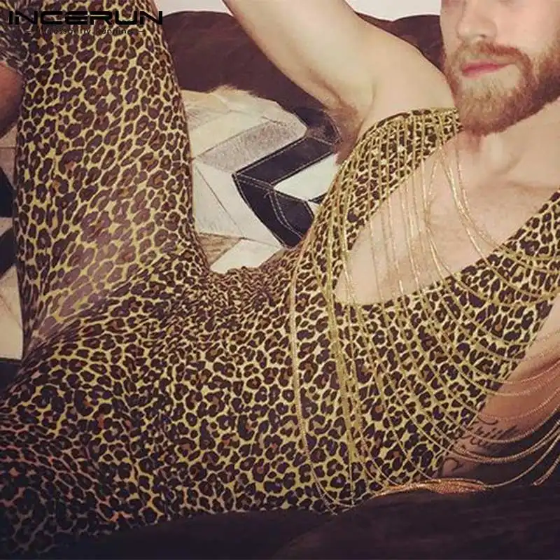 

Комбинезон мужской INCERUN, Леопардовый, с длинным рукавом, с принтом, комбинезон с завязками на шее, S-5XL