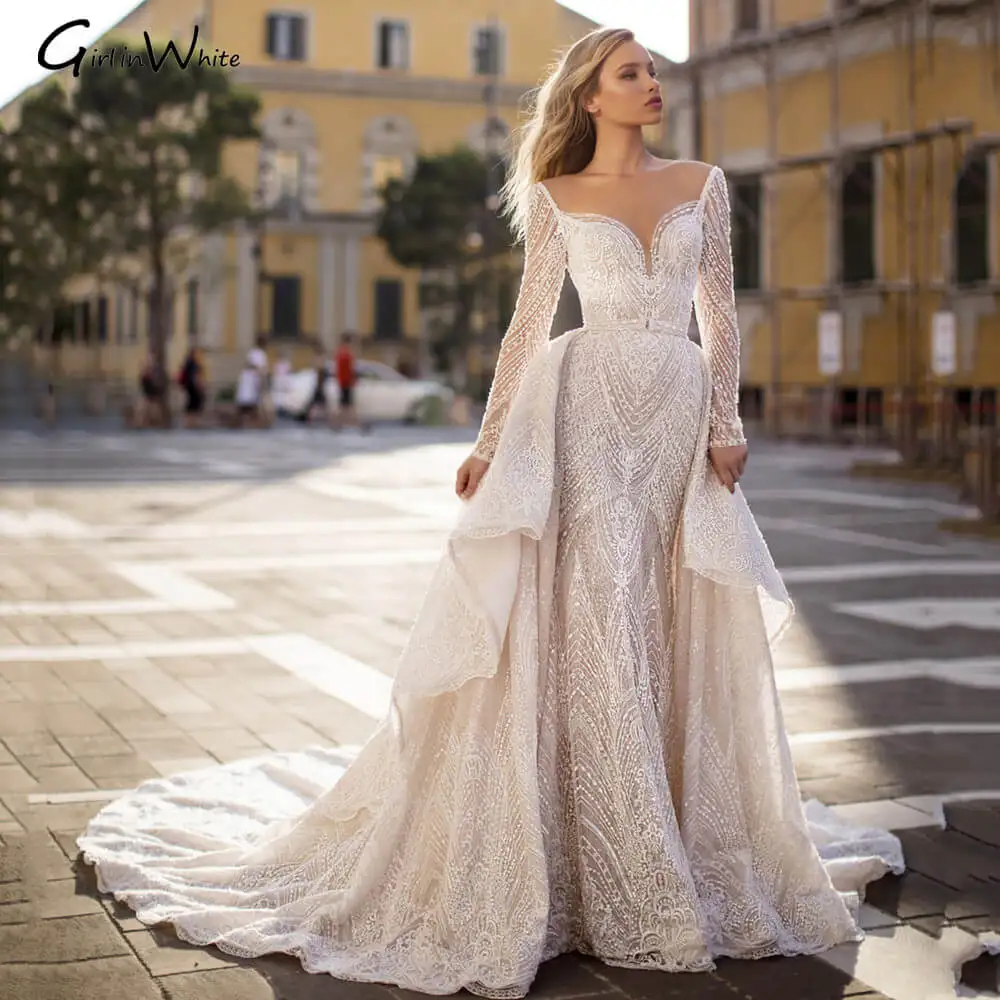 

Luxury Lace Appliques Wedding Dress Full Sleeve With Detachable Train Wedding Gowns Sweetheart Backless Vestidos De Novia