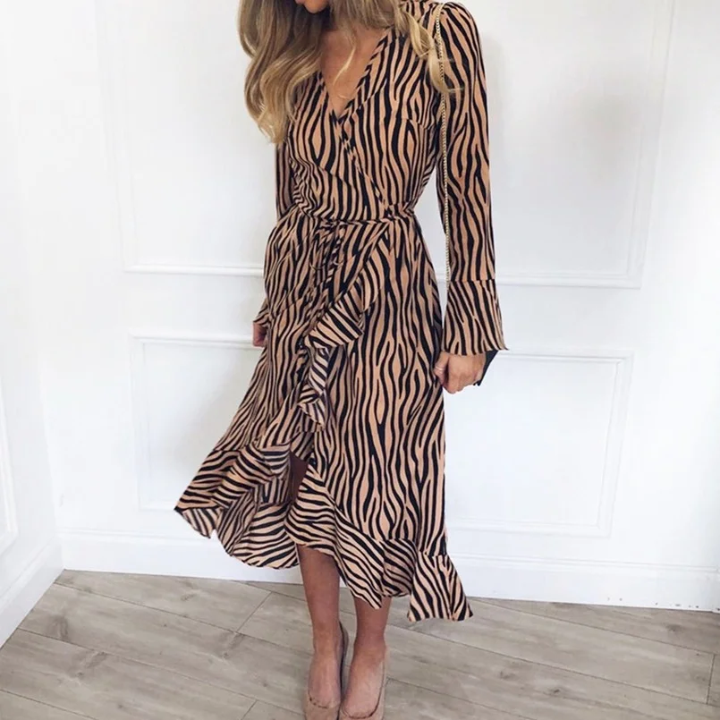 

Zebra Print Dress With Stripes Deep V Neck Ruffle Hem Dress Frill Bandage 2021 Sukienka Elegant Flare Sleeve Dress Formal Office