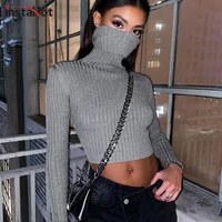 instahot pullovers knitted sweater women casual turtleneck sweaters jumpers solid gray black female sweater knitwear crop top