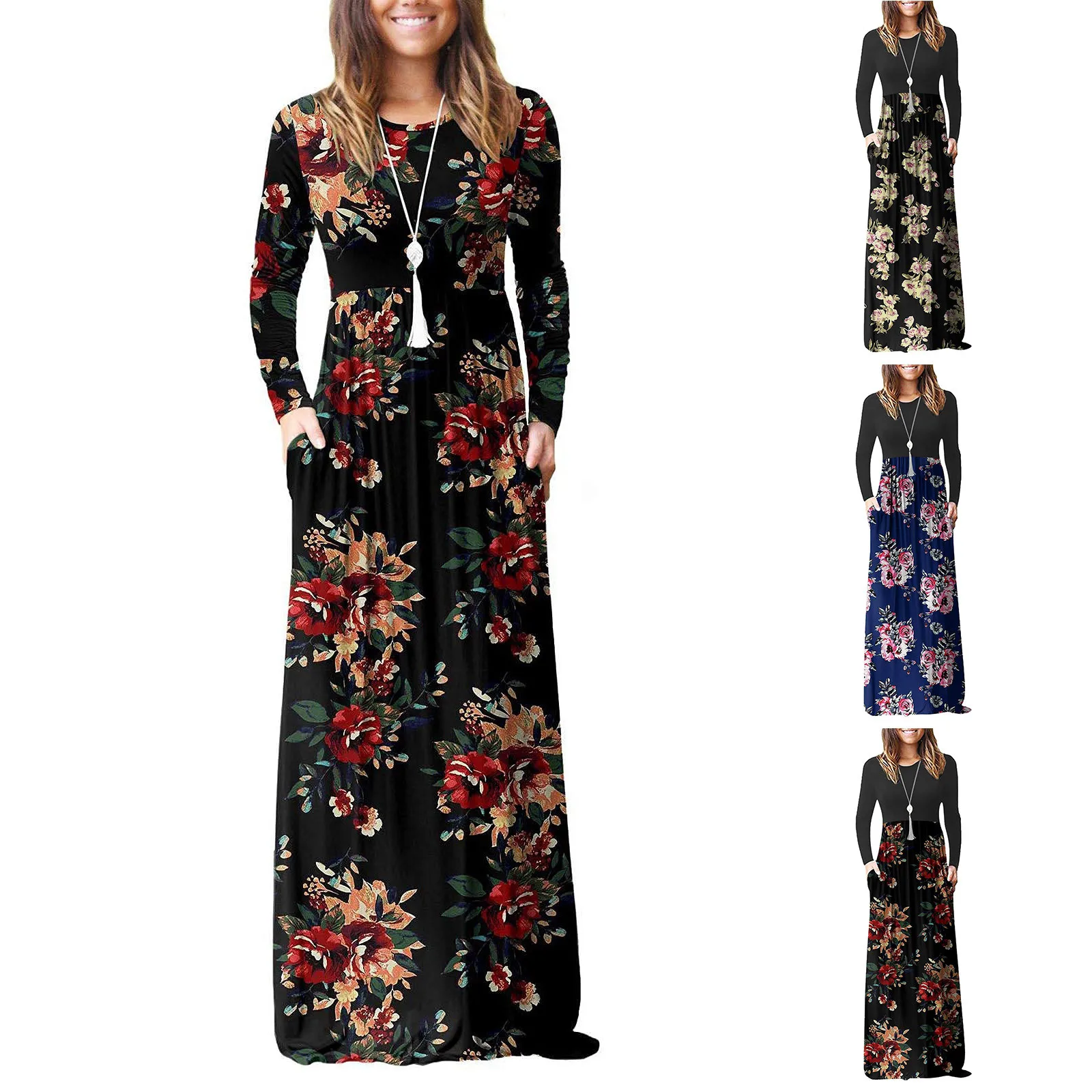 

Women's Autumn Winter Dress New Floral Printed Long-sleeved Casual Low-cut Sexy Dress Fashion Party Maxi Dress Feminina Vestidos