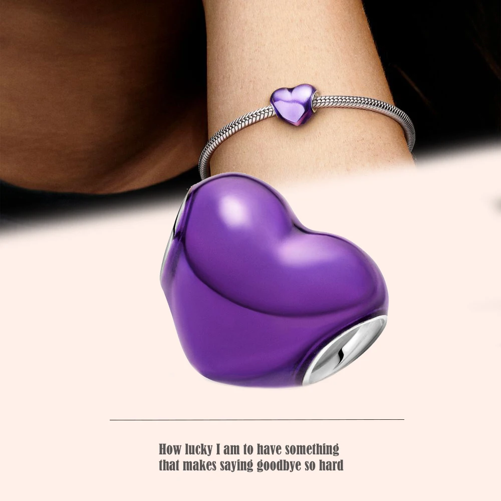 

201 New 925 Sterling Silver Hot Sale Metallic Purple Heart Charm Fit Original Pandora Bracelet For Women Fashion Jewelry Gift