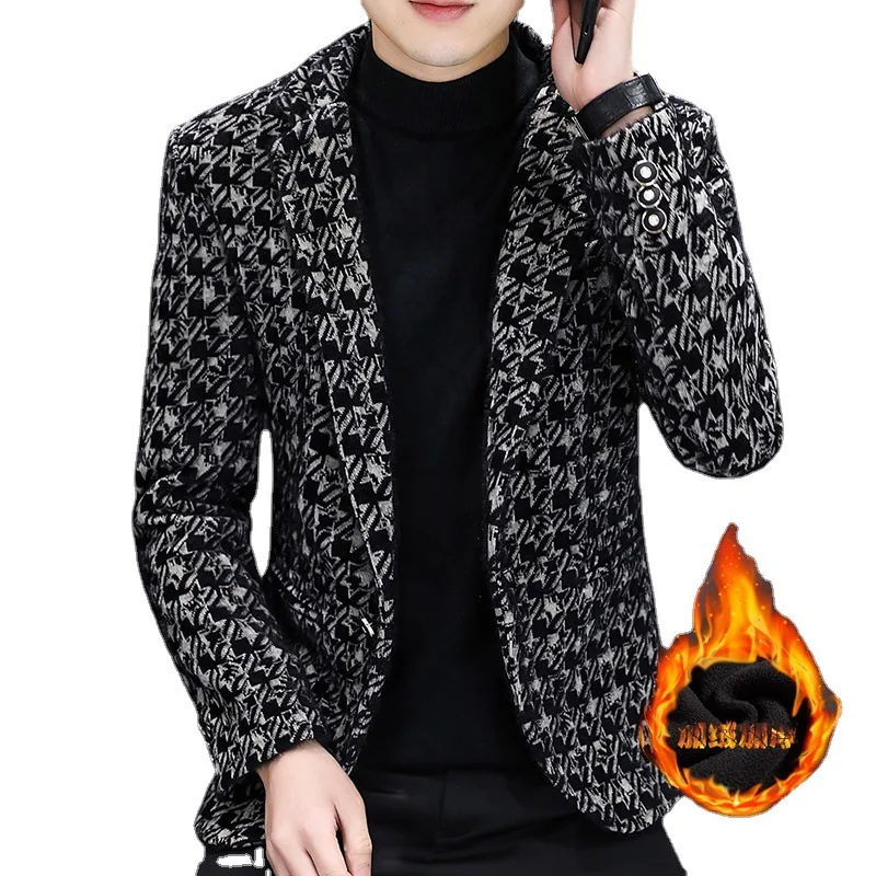 HOO 2022 Men's Autumn and Winter Woolen Printed Suit Handsome Slim-Fitting Youth Casual Fleece-Lined blazers | Мужская одежда