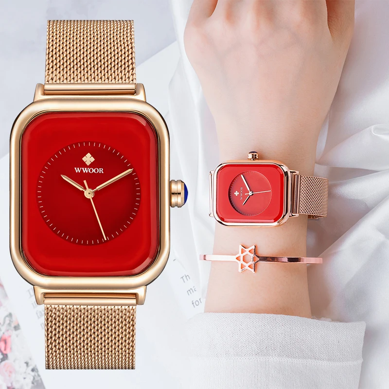 WWOOR 2021 New Rose Gold Ladies Watch Creative Mesh Delt Women's Bracelet Wrist Watches Female Waterproof Clock Relogio Feminino