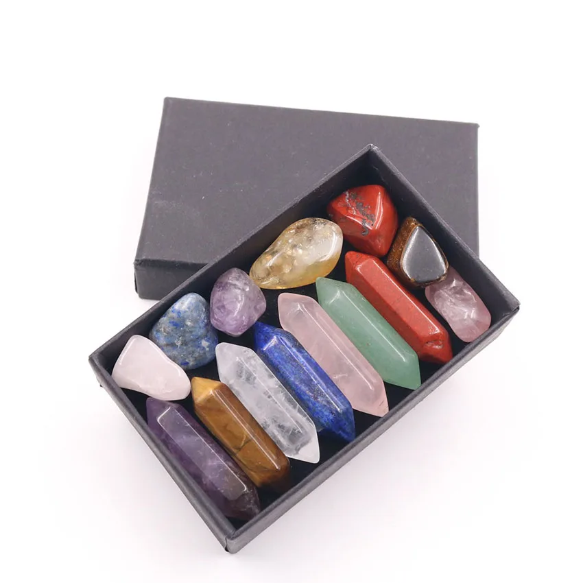 

FYSL Wholesale 14 Pcs Many Colors Hexagon Column and Irregular Shape Quartz Stone Pendant Healing Chakra Jewelry