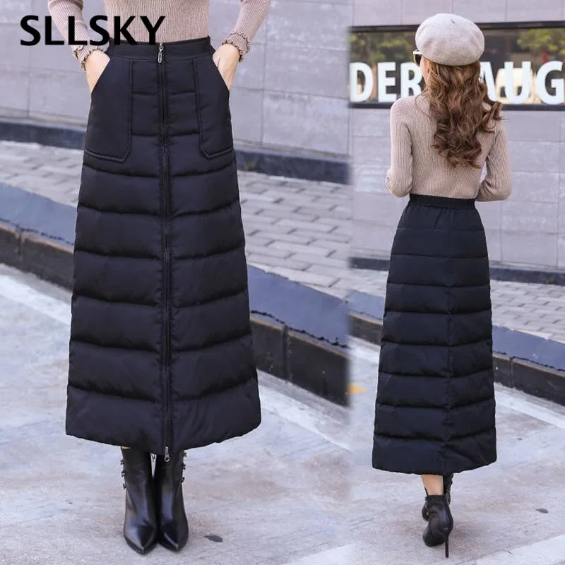 Женская длинная хлопковая юбка SLLSKY черная плотная Теплая на пуху с высокой