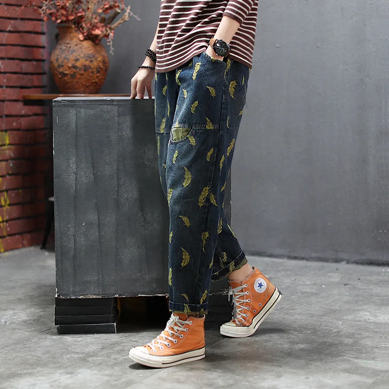 Женские джинсы в стиле ретро с вышивкой листьев винтажные эластичной резинкой на