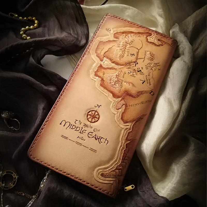 

Handmade Women Middle Earth Map Wallets Bag Purses Men Long Clutch Vegetable Tanned Leather Wallet Free Design
