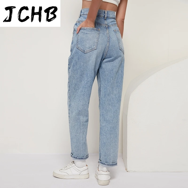 

JCHB Solid Full Length Denim Jeans Women Soratched Retro Long Pants Lady Pleated Loose Harem Pants Casual Trousers Pantalones