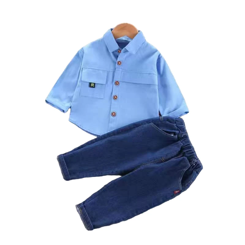 

Baby Boy Spring And Autumn Clothes Suit 2022 New 1-5 Year Old Kid's Solid Color Shirt + Jeans Two-piece Children's Trend Clothes
