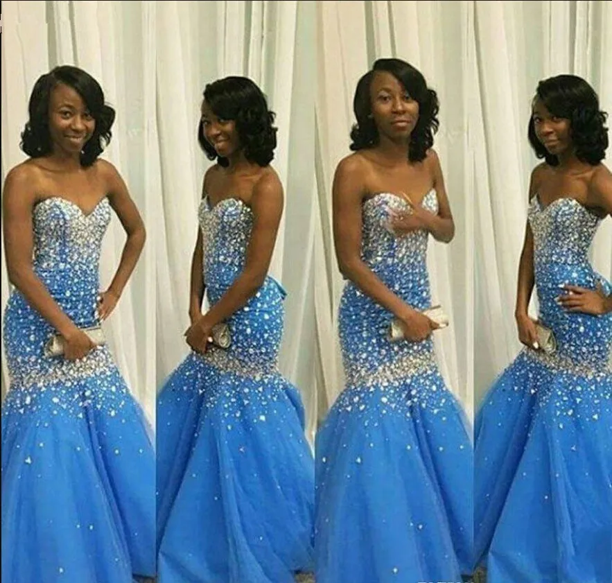 2021 Новое поступление синие Выпускные платья Русалочки Украшенные бусинами