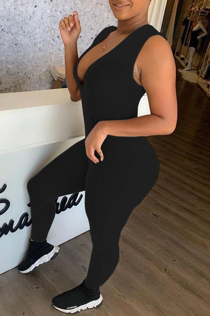 

Women's Jumpsuit Sleeveless V-neck Ribbed Solid Color One Piece Garment for Female