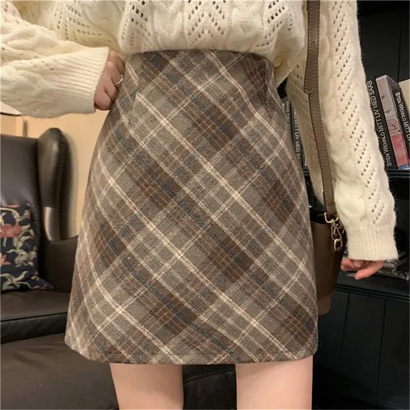 

Plaid Woolen Skirt Womens Autumn And Winter New High-Waisted Skirt Hip A-Line Skirts Female Trend