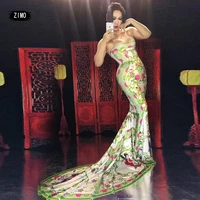 sexy print chinese style floor long dress women singer prom birthday party club dress dance stage drag queen costume performance