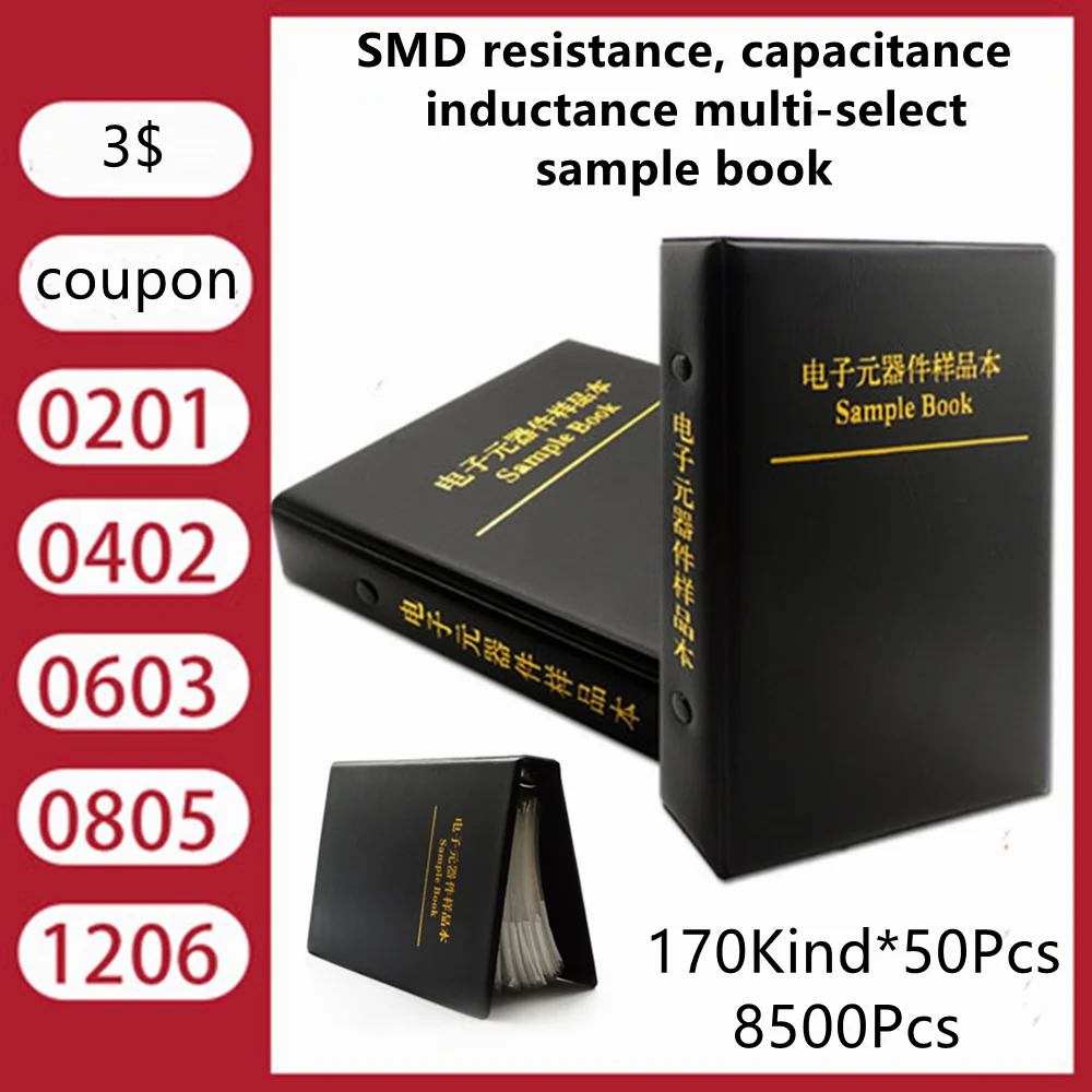 

SMD Resistor Capacitor Inductance 1% 5% High Precision Sample Book 0201 0402 0603 0805 1206 Full Series 1R~1M 170 Kind 8500Pcs