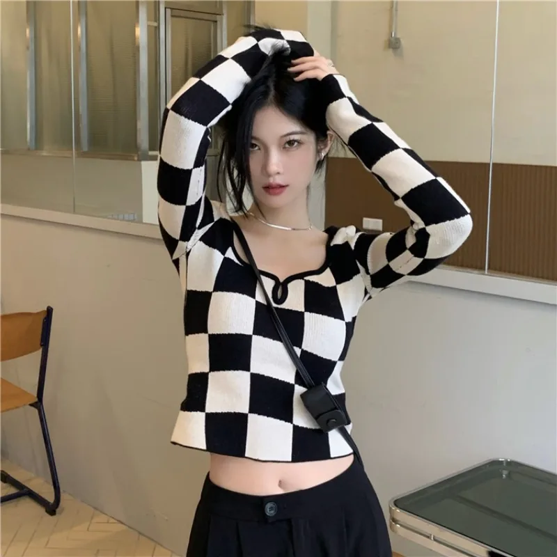 

2021 New Korean Clothes Spring/Autumn Short Section Women's Clothing Slim Streetwear Sweaters Pullovers Plaid Fashion All-match