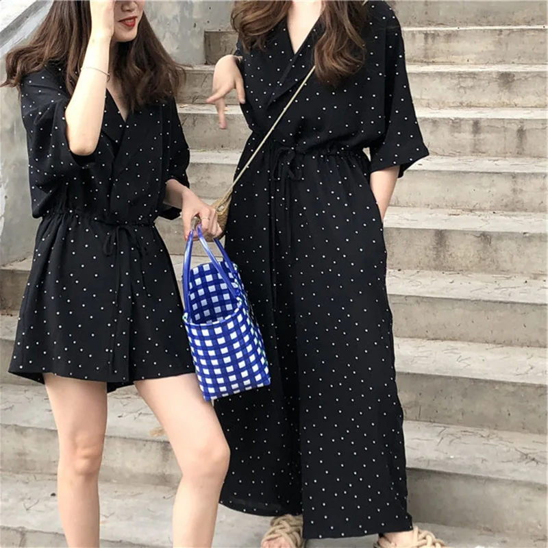 Женский шифоновый комбинезон в горошек винтажный с V образным вырезом и коротким