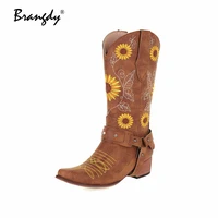 brangdy embroidery women western boots pu flower belt buckle women shoes square toe sewing women mid calf knight winter boots