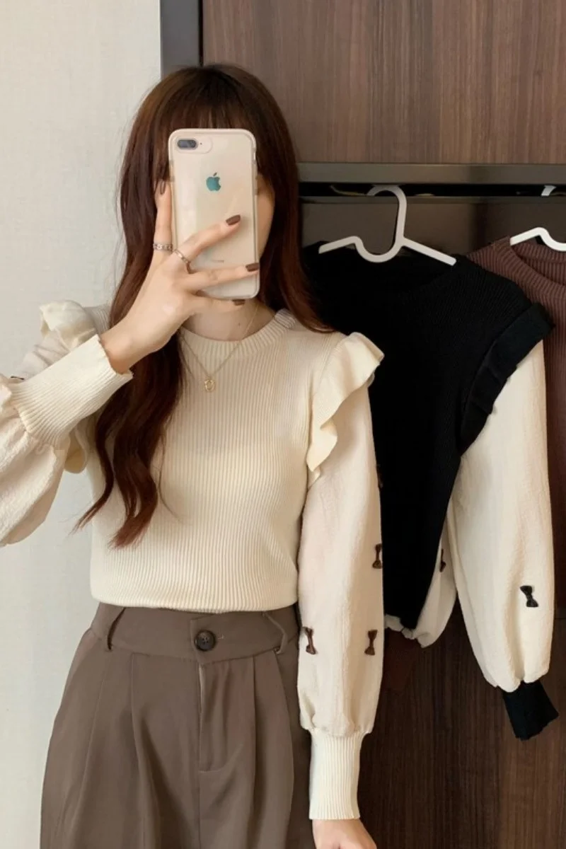 Женский трикотажный топ с оборками рубашка рукавами-фонариками и бантом на осень