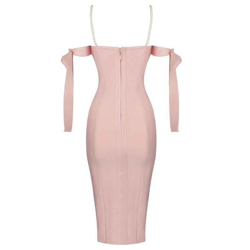 

2020 Women Sexy Beading Lace UP Pink Bandage Dress Elegant Night Club Midi Prom Celebrity Bodycon Party Dress Vestido