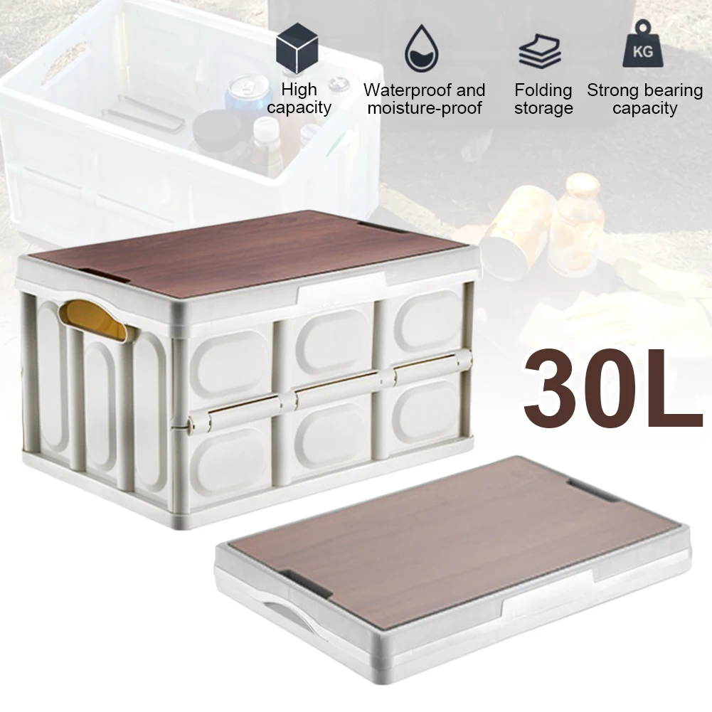 

Outdoor Camping Storage Box Foldable Home Car Sundries Storage Box Large-capacity Plastic Storage Container With Wooden Lid
