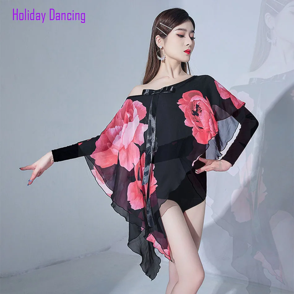 Женское боди для латиноамериканских танцев цветочный и Свободный Топ