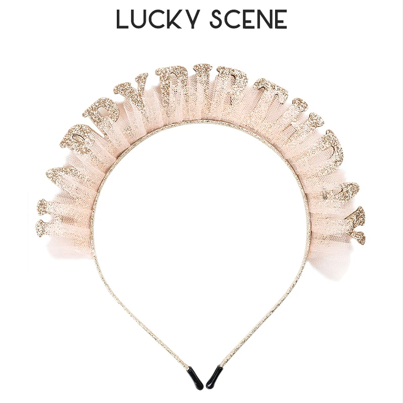 

Kids Mesh Happy Birthday Hair Band Light Orange White Plastic Hair Clips Hair Ornaments Birthday Party Decoration S01080