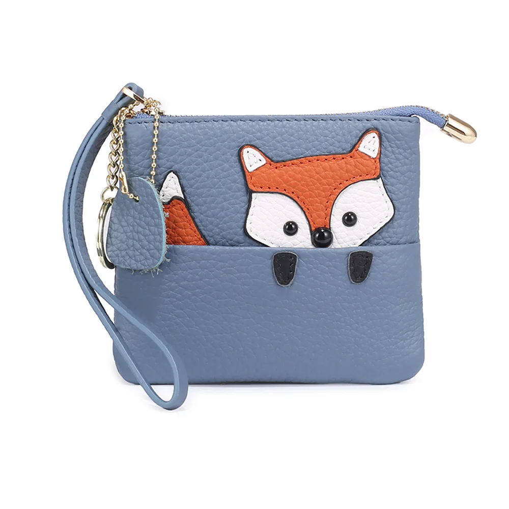Fox Pattern Slim Genuine Leather Cute Coin Purse and Card Clip Wrist Small wallet with Key Ring