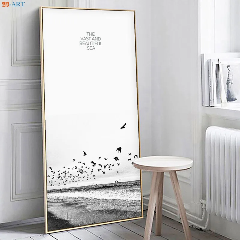 Черно белый настенный плакат с принтом чайки песчаный пляж пейзаж холст живопись