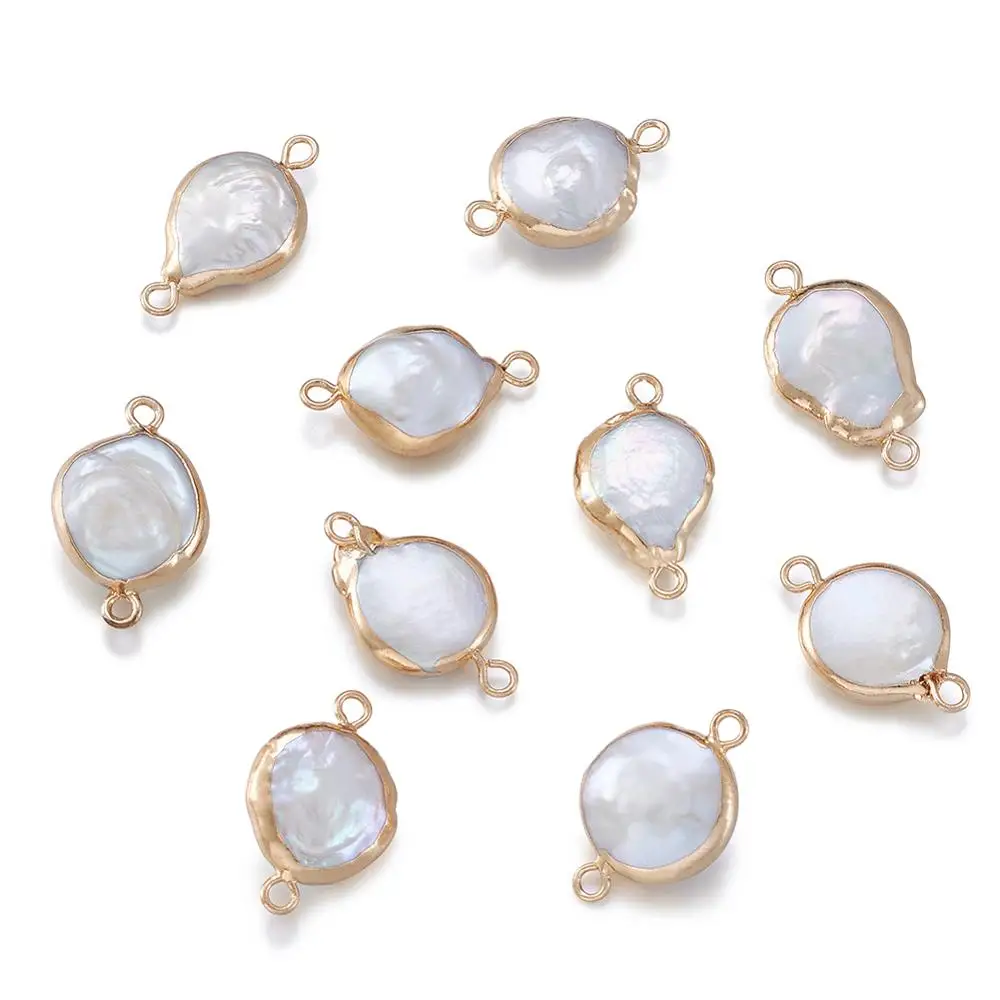 

10pcs Flat Round Plated Natural Pearl Links Golden Color Iron Jewelry Findings for Bracelet, Beige, 20x13~15x4~6mm, Hole: 1.5mm